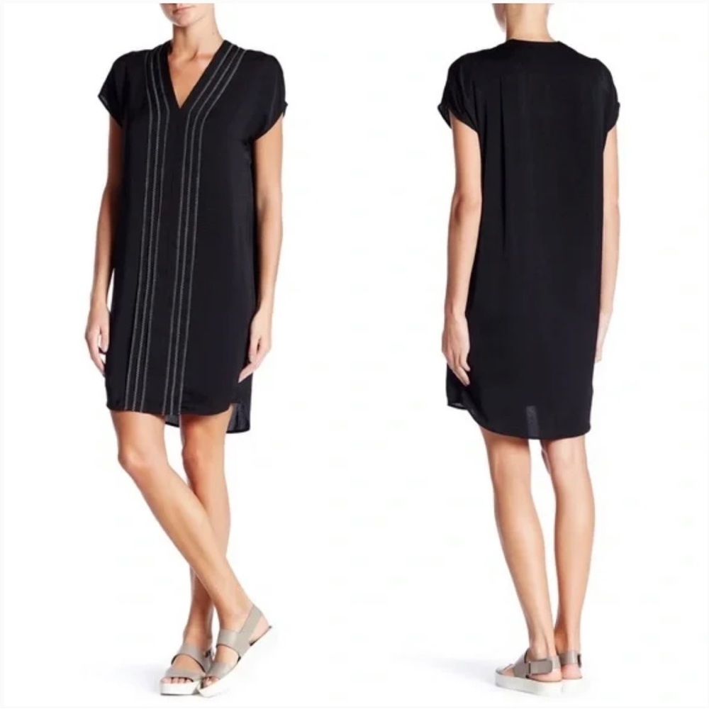 Vince Black Embroidered-Front V-Neck Shift Dress size 6